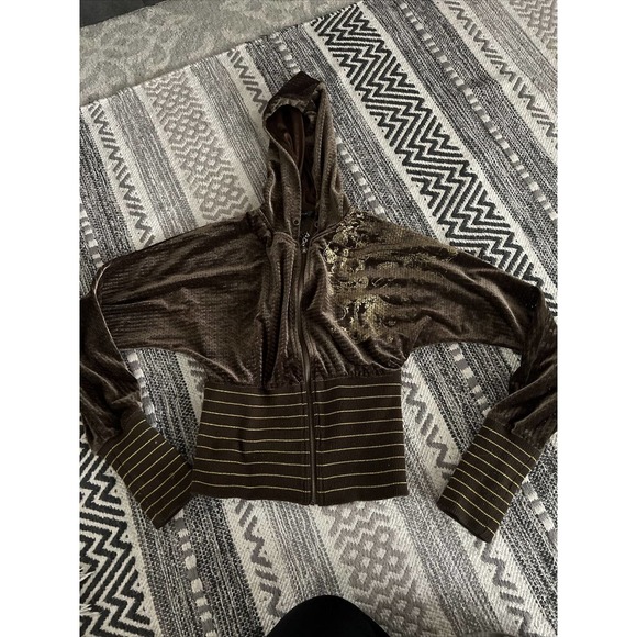 Vtg Y2K rocawear Velour Velvet Zip Up Sweatshirt Jacket gold brown Women Med - Picture 2 of 5